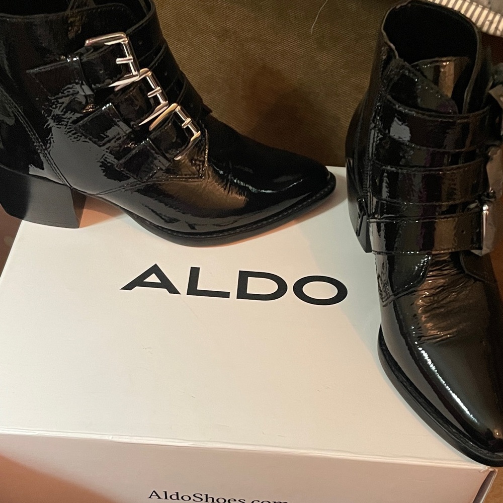 ALDO Shiny Black Ankle Booties with Buckle Detail BNIB size 6